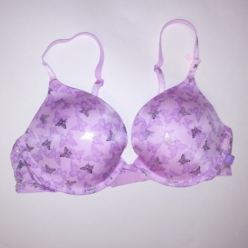 Victoria‎ Secret Bra Push Up Pink Butterflies Metallic Silver Floral Underwire